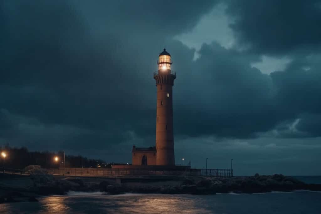 Farol iluminando uma noite escura.